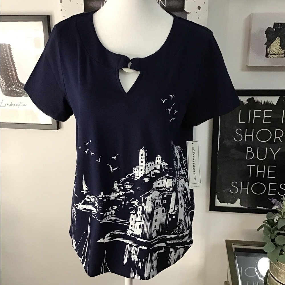 Alfred Dunner Navy Blue Scenic Graphic Top